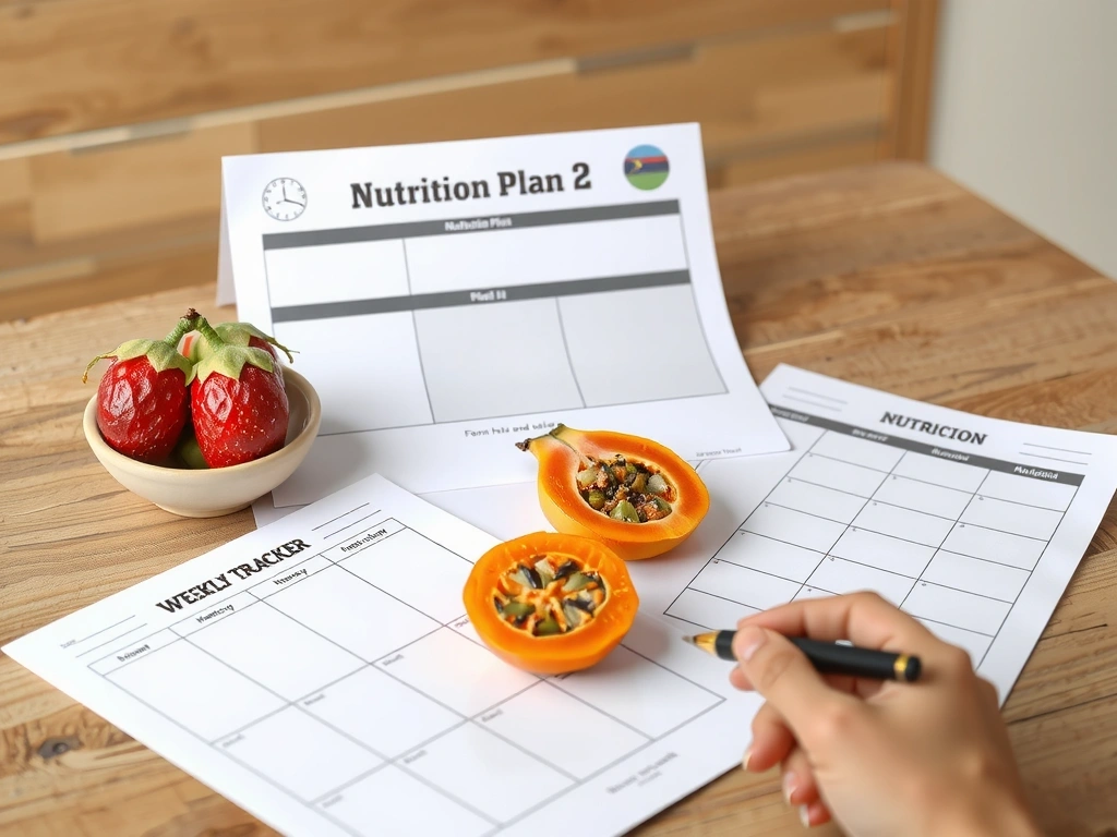 A clean desk with a nutrition plan and local fruits
